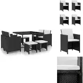 vidaXL 9-tlg. Garten-Essgruppe mit Auflagen Poly Rattan Schwarz - Gartenmöbel-Sets