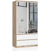 Akord Kleiderschrank 2-Türig 2 Schubladen 2 Spiegel Sonoma-Eiche/Weiß 90X51X180 Cm