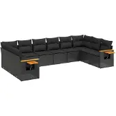 The Living Store 10-tlg. Garten-Sofagarnitur mit Kissen Schwarz Poly Rattan