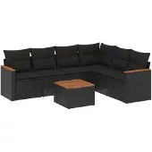 The Living Store 7-tlg. Garten-Sofagarnitur mit Kissen Schwarz Poly Rattan