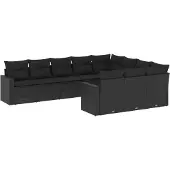 The Living Store 10-tlg. Garten-Sofagarnitur mit Kissen Schwarz Poly Rattan