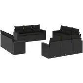The Living Store 12-tlg. Garten-Sofagarnitur mit Kissen Schwarz Poly Rattan