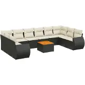 The Living Store 11-tlg. Garten-Sofagarnitur mit Kissen Schwarz Poly Rattan