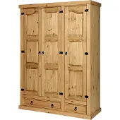 Möbilia Kleiderschrank | mit 3 Türen, 2 Schubladen | Kiefer-Holz massiv | naturfarben gewachst | B 151 x T 56 x H 205 cm | 19020067 | Serie SCHRANK