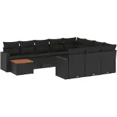 The Living Store 11-tlg. Garten-Sofagarnitur mit Kissen Schwarz Poly Rattan