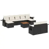 The Living Store 10-tlg. Garten-Sofagarnitur mit Kissen Schwarz Poly Rattan