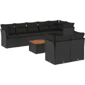 The Living Store 9-tlg. Garten-Sofagarnitur mit Kissen Schwarz Poly Rattan