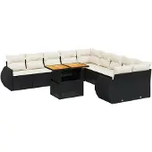 The Living Store 11-tlg. Garten-Sofagarnitur mit Kissen Schwarz Poly Rattan