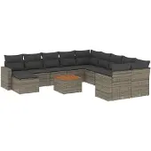 The Living Store 12-tlg. Garten-Sofagarnitur mit Kissen Grau Poly Rattan