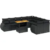 The Living Store 10-tlg. Garten-Sofagarnitur mit Kissen Schwarz Poly Rattan