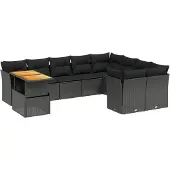 The Living Store 10-tlg. Garten-Sofagarnitur mit Kissen Schwarz Poly Rattan