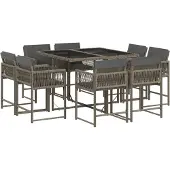 The Living Store 9-tlg. Garten-Essgruppe mit Kissen Grau Poly Rattan