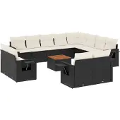 The Living Store 13-tlg. Garten-Sofagarnitur mit Kissen Schwarz Poly Rattan