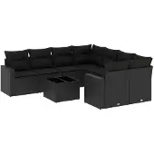 The Living Store 9-tlg. Garten-Sofagarnitur mit Kissen Schwarz Poly Rattan
