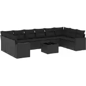 The Living Store 11-tlg. Garten-Sofagarnitur mit Kissen Schwarz Poly Rattan
