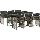 The Living Store 7-tlg. Garten-Essgruppe mit Kissen Grau Poly Rattan
