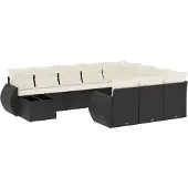 The Living Store 11-tlg. Garten-Sofagarnitur mit Kissen Schwarz Poly Rattan