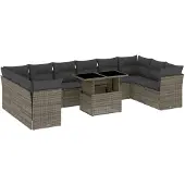 The Living Store 11-tlg. Garten-Sofagarnitur mit Kissen Grau Poly Rattan