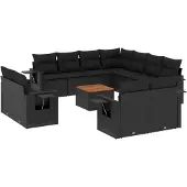 The Living Store 12-tlg. Garten-Sofagarnitur mit Kissen Schwarz Poly Rattan