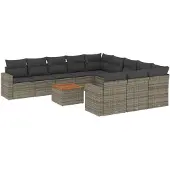 The Living Store 12-tlg. Garten-Sofagarnitur mit Kissen Grau Poly Rattan
