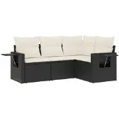 The Living Store 4-tlg. Garten-Sofagarnitur mit Kissen Schwarz Poly Rattan