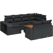 The Living Store 11-tlg. Garten-Sofagarnitur mit Kissen Schwarz Poly Rattan