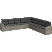 The Living Store 9-tlg. Garten-Sofagarnitur mit Kissen Grau Poly Rattan