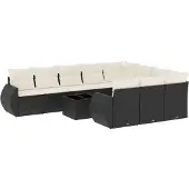 The Living Store 11-tlg. Garten-Sofagarnitur mit Kissen Schwarz Poly Rattan