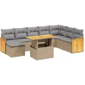 The Living Store 9-tlg. Garten-Sofagarnitur mit Kissen Beige Poly Rattan