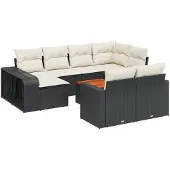 The Living Store 11-tlg. Garten-Sofagarnitur mit Kissen Schwarz Poly Rattan