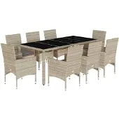The Living Store 9-tlg. Garten-Essgruppe mit Kissen Hellgrau Poly Rattan & Glas