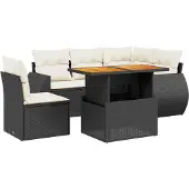 The Living Store 6-tlg. Garten-Sofagarnitur mit Kissen Schwarz Poly Rattan