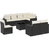 The Living Store 9-tlg. Garten-Sofagarnitur mit Kissen Schwarz Poly Rattan