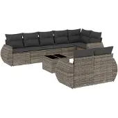 The Living Store 9-tlg. Garten-Sofagarnitur mit Kissen Grau Poly Rattan