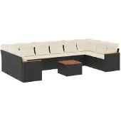 The Living Store 11-tlg. Garten-Sofagarnitur mit Kissen Schwarz Poly Rattan