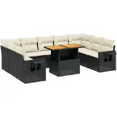 The Living Store 10-tlg. Garten-Sofagarnitur mit Kissen Schwarz Poly Rattan