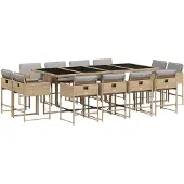 The Living Store 13-tlg. Garten-Essgruppe mit Kissen Beigemischung Poly Rattan