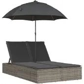 The Living Store Doppel-Sonnenliege mit Kissen & Sonnenschirm Grau Poly Rattan