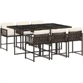 The Living Store 7-tlg. Garten-Essgruppe mit Kissen Braun Poly Rattan