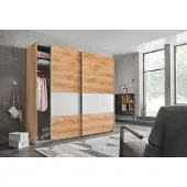 Wimex Schwebetürenschrank "Bramfeld Kleiderschrank", braun (plankeneiche, absetzung weißglas), B:225cm H:208cm T:64cm, Schränke, Schwebetürenschrank, mit Glaselementen und zusätzlichen Einlegeböden