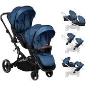 Babygo Zwillings-Kombikinderwagen "Twinner Set, Grey melange", Kinder, blau (blau melange), Aluminium, Polyester, Kinderwagen Zwillings-Kombikinderwagen, inkl. 2 Regenhauben, Wickeltasche