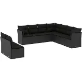 The Living Store 9-tlg. Garten-Sofagarnitur mit Kissen Schwarz Poly Rattan