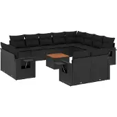 The Living Store 13-tlg. Garten-Sofagarnitur mit Kissen Schwarz Poly Rattan