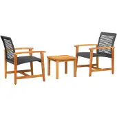 The Living Store 3-tlg. Bistro-Set Schwarz Poly Rattan und Akazienholz