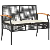 The Living Store Gartenbank mit Kissen Schwarz Poly Rattan Akazienholz