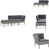 vidaXL 3-tlg. Garten-Lounge-Set mit Auflagen Poly Rattan Grau - Gartenmöbel-Sets