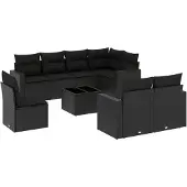 The Living Store 9-tlg. Garten-Sofagarnitur mit Kissen Schwarz Poly Rattan
