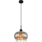 Globo Hängeleuchte Metall schwarz matt, Glas rauchfarben, Glaskristalle klar, Kabel Textil schwarz, Höhe kürzbar, ø: 280mm, H: 1200mm, exkl. 1x E27 LED 9W 230V