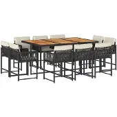 vidaXL 11-tlg. Garten-Essgruppe mit Kissen Schwarz Poly Rattan