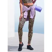 LASCANA Leggings ACTIVE, Damen, Gr. XS (32/34), N-Gr, beige, Obermaterial: 95% Baumwolle, 5% Elasthan, figurbetont lang, Hosen Leggings, in Leopardenmuster, mit breitem Bündchen